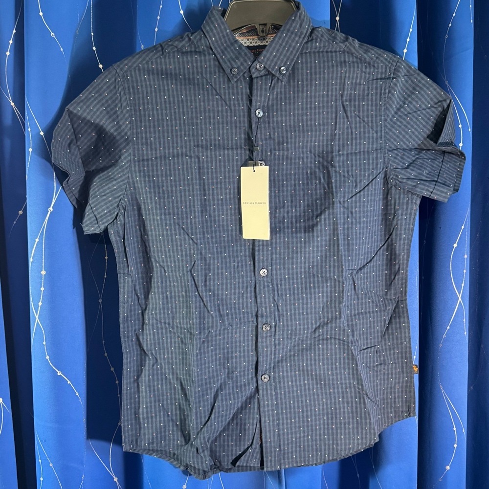 DENIM & FLOWER Ricky Singh Mens Short Sleeve Slim Fit Button Down Shirt Navy Dot
